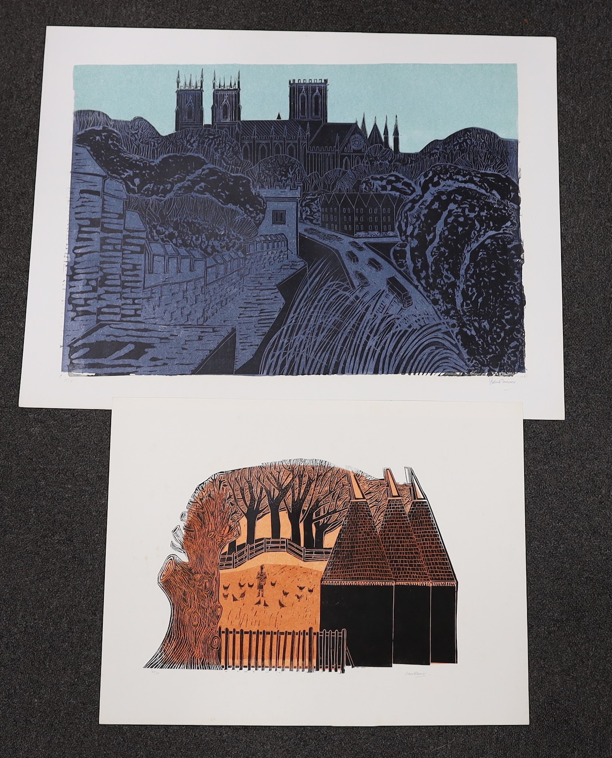 Robert Tavener (1920-2004), two wood engravings, Cathedral viewed from castle walls and Woman feeding chickens beside oast houses, both signed, numbered 25/75 and 23/30, overall 59 x 77cm and 45 x 58cm